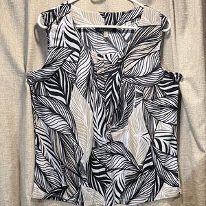 Kasper Black Leaf Print Blouse light Gray Sleeveless Top L